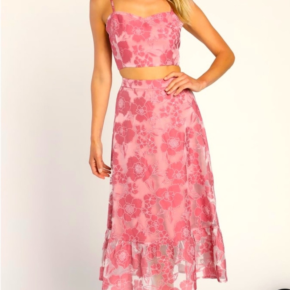 Lulu's Pink Floral A-Line Two piece Skirt Set Ruffle Hem Lined size Medium